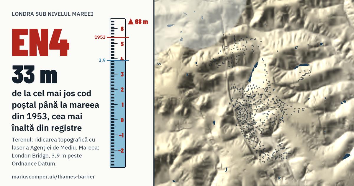 EN4 pe relieful Londrei, cu o miră de maree: Cu 33 de metri peste mareea din 1953, cea mai înaltă din registre.