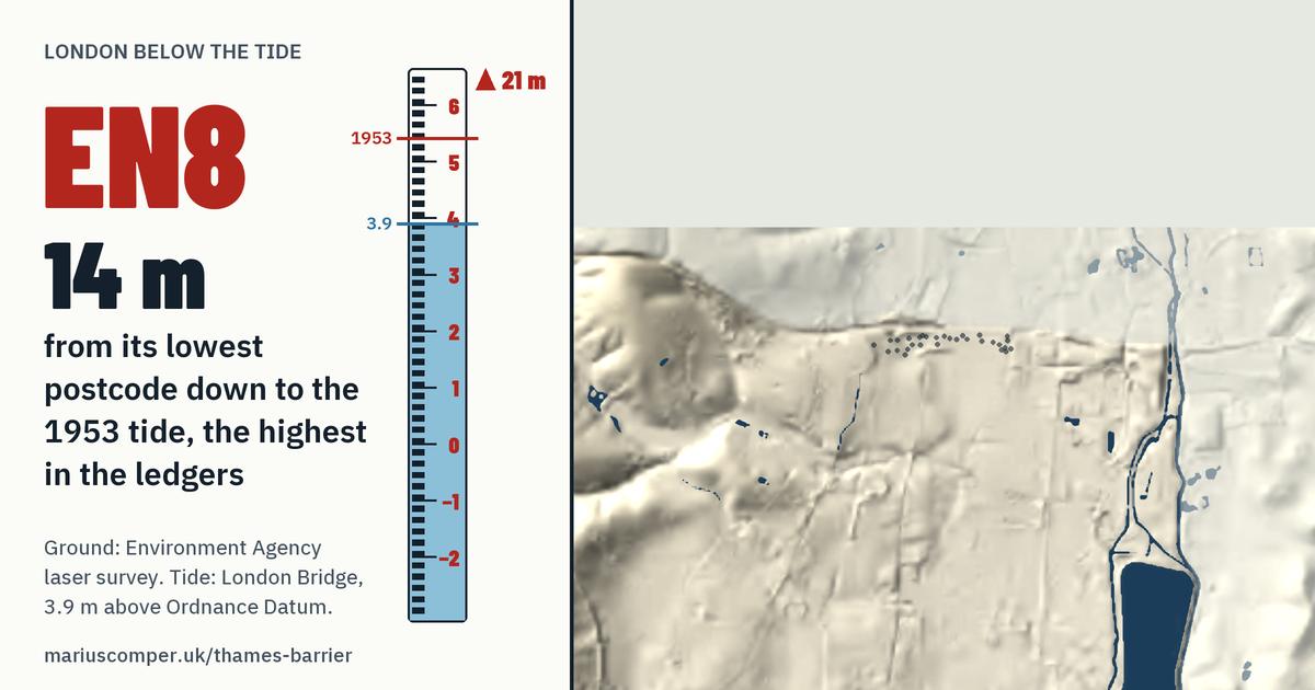 EN8 on the relief of London, with a tide staff: 14 m above the 1953 tide, the highest in the ledgers.