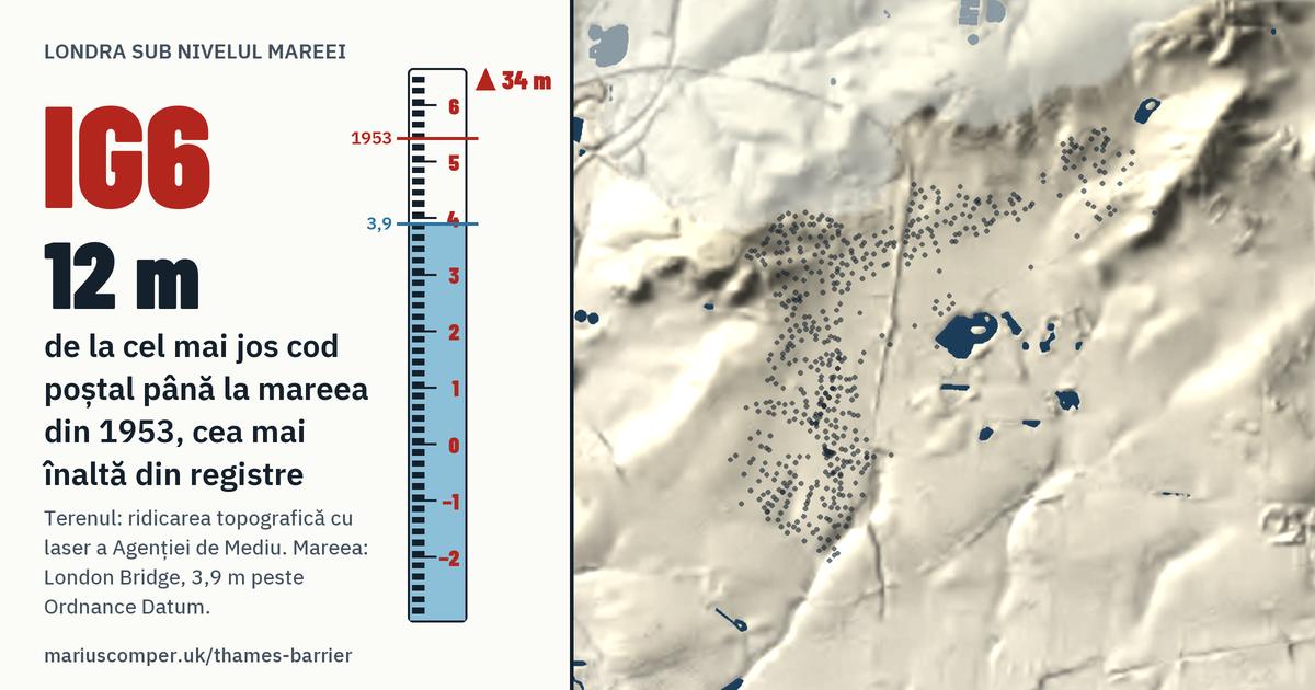IG6 pe relieful Londrei, cu o miră de maree: Cu 12 metri peste mareea din 1953, cea mai înaltă din registre.