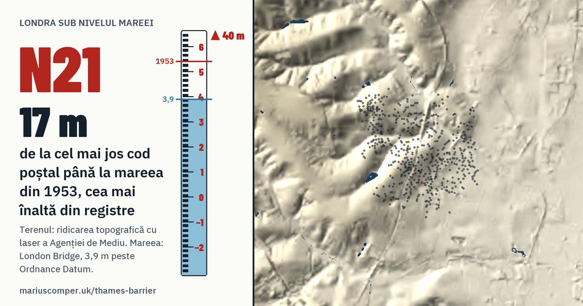 N21 pe relieful Londrei, cu o miră de maree: Cu 17 metri peste mareea din 1953, cea mai înaltă din registre.
