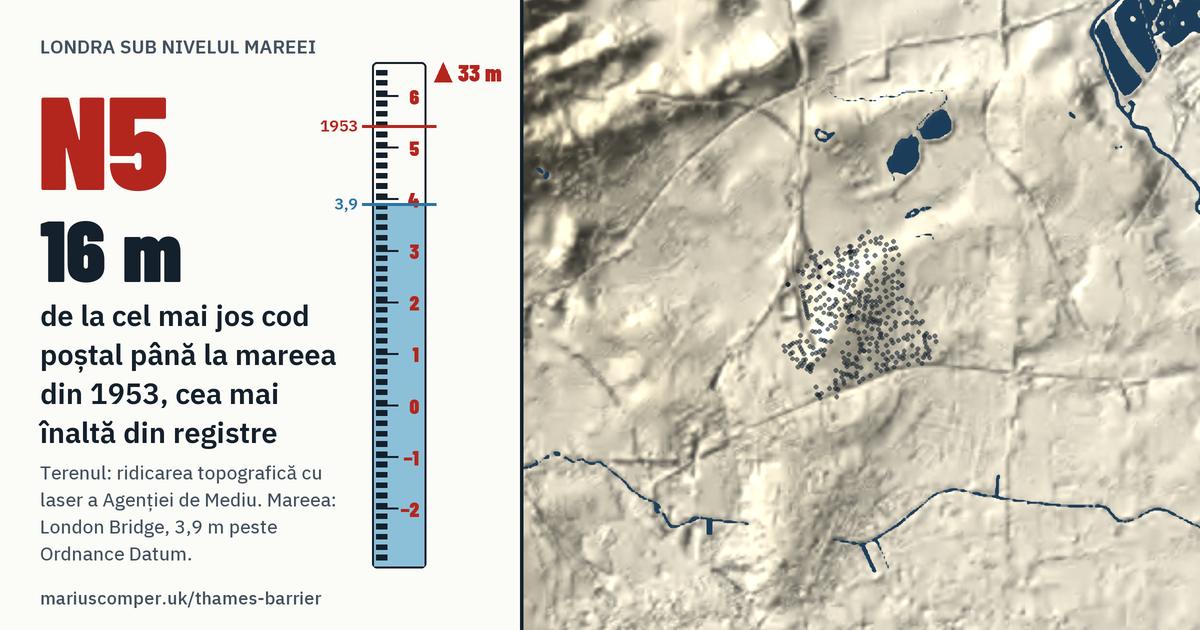 N5 pe relieful Londrei, cu o miră de maree: Cu 16 metri peste mareea din 1953, cea mai înaltă din registre.