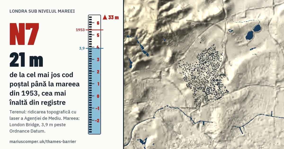 N7 pe relieful Londrei, cu o miră de maree: Cu 21 de metri peste mareea din 1953, cea mai înaltă din registre.