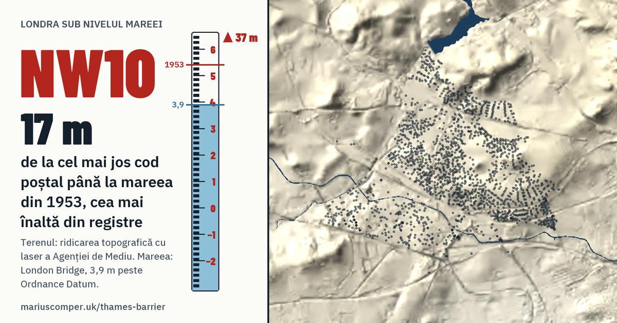 NW10 pe relieful Londrei, cu o miră de maree: Cu 17 metri peste mareea din 1953, cea mai înaltă din registre.