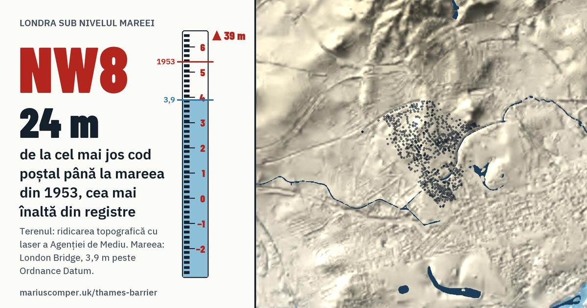NW8 pe relieful Londrei, cu o miră de maree: Cu 24 de metri peste mareea din 1953, cea mai înaltă din registre.