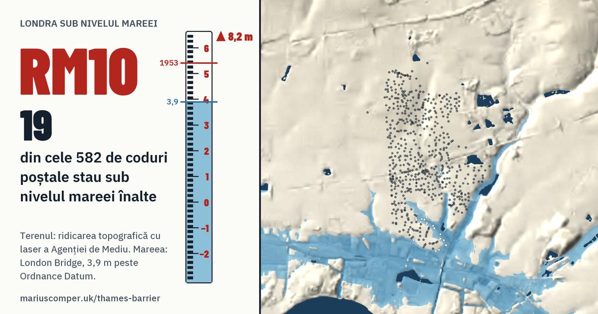 RM10 pe relieful Londrei, cu o miră de maree: 19 din cele 582 de coduri poștale ale lui stau sub nivelul mareei înalte.