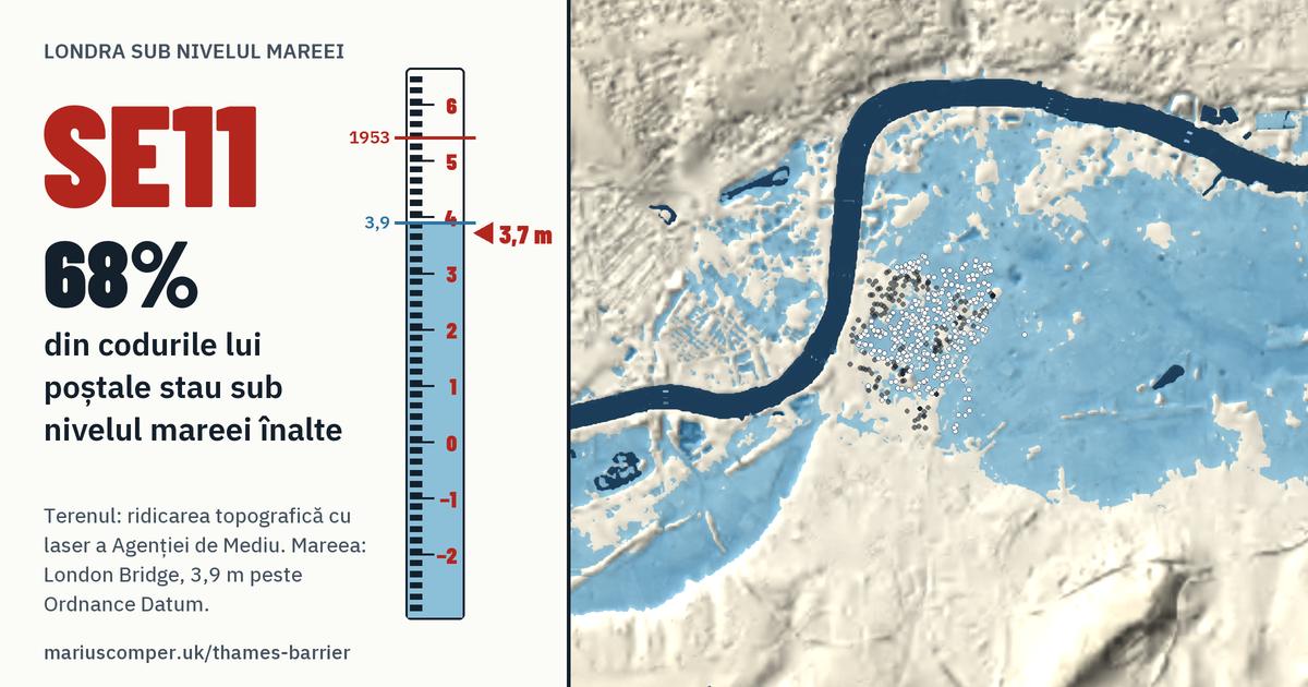 SE11 pe relieful Londrei, cu o miră de maree: 68% din codurile lui poștale stau sub nivelul mareei înalte.