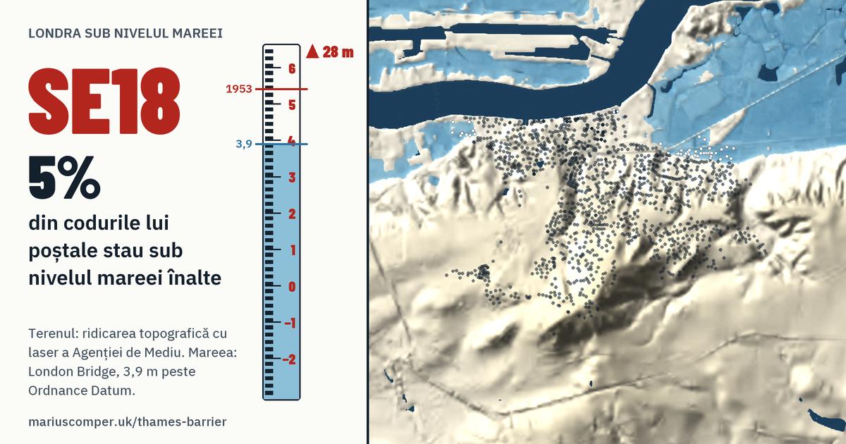 SE18 pe relieful Londrei, cu o miră de maree: 5% din codurile lui poștale stau sub nivelul mareei înalte.
