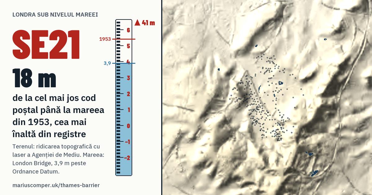 SE21 pe relieful Londrei, cu o miră de maree: Cu 18 metri peste mareea din 1953, cea mai înaltă din registre.