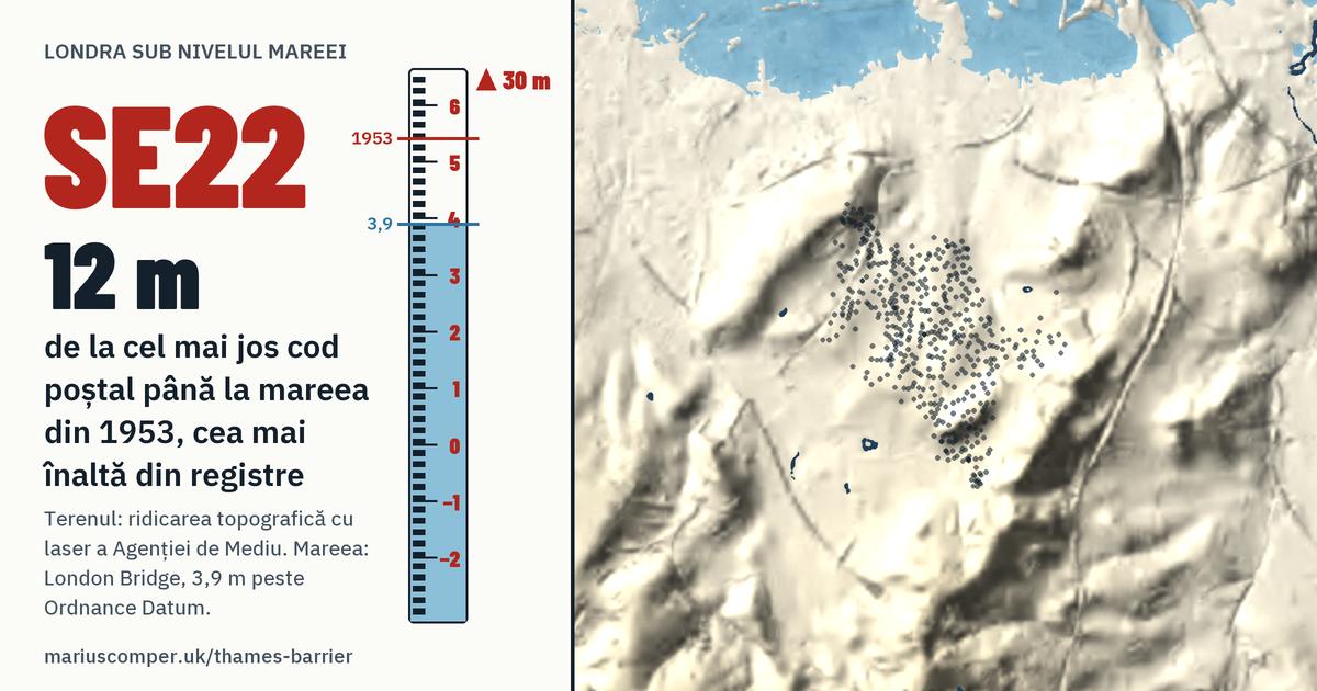 SE22 pe relieful Londrei, cu o miră de maree: Cu 12 metri peste mareea din 1953, cea mai înaltă din registre.