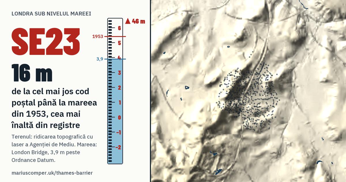 SE23 pe relieful Londrei, cu o miră de maree: Cu 16 metri peste mareea din 1953, cea mai înaltă din registre.