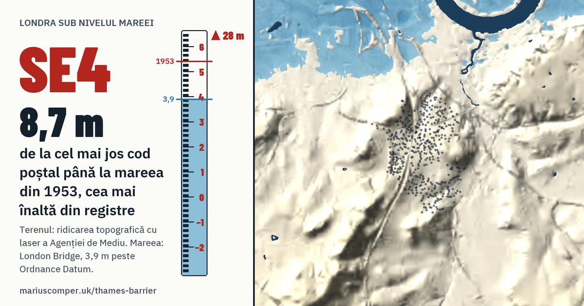 SE4 pe relieful Londrei, cu o miră de maree: Cu 8,7 m peste mareea din 1953, cea mai înaltă din registre.