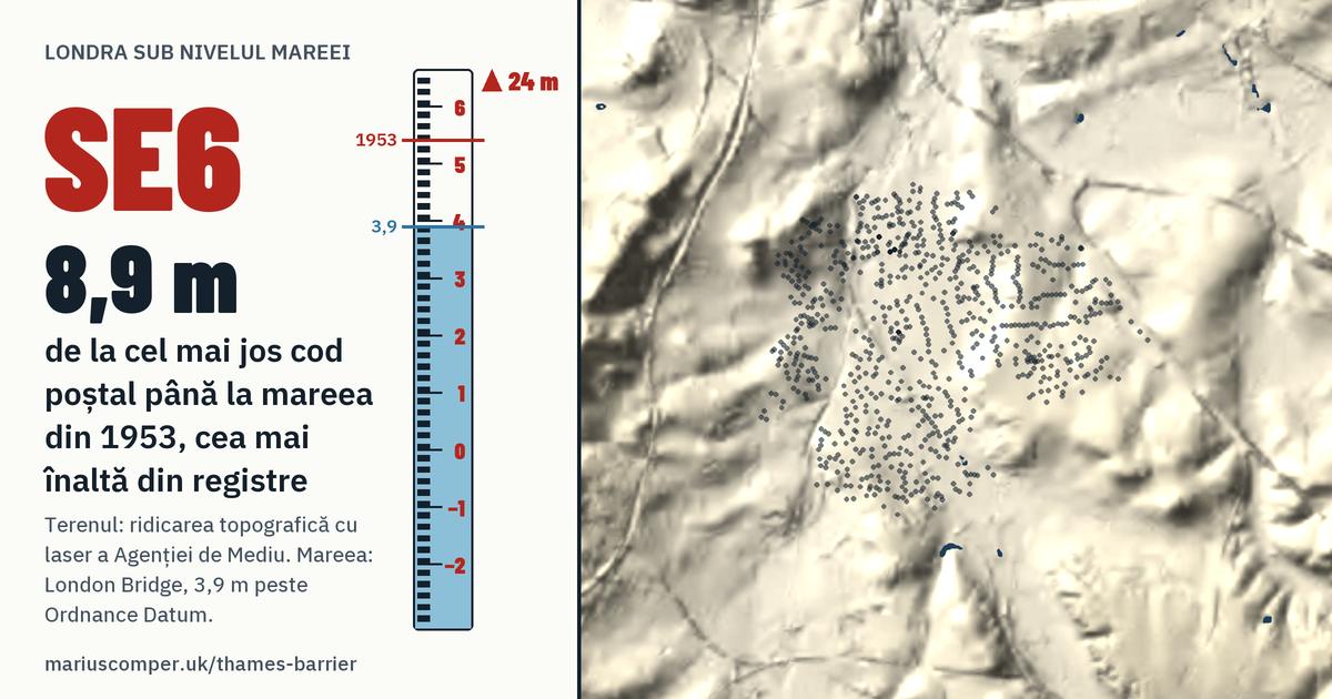 SE6 pe relieful Londrei, cu o miră de maree: Cu 8,9 m peste mareea din 1953, cea mai înaltă din registre.