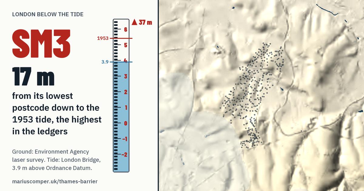 SM3 on the relief of London, with a tide staff: 17 m above the 1953 tide, the highest in the ledgers.
