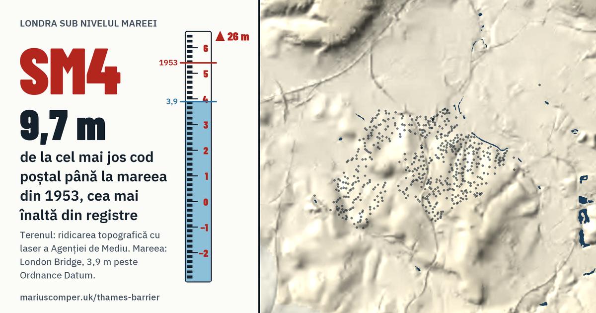 SM4 pe relieful Londrei, cu o miră de maree: Cu 9,7 m peste mareea din 1953, cea mai înaltă din registre.