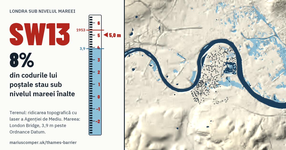 SW13 pe relieful Londrei, cu o miră de maree: 8% din codurile lui poștale stau sub nivelul mareei înalte.