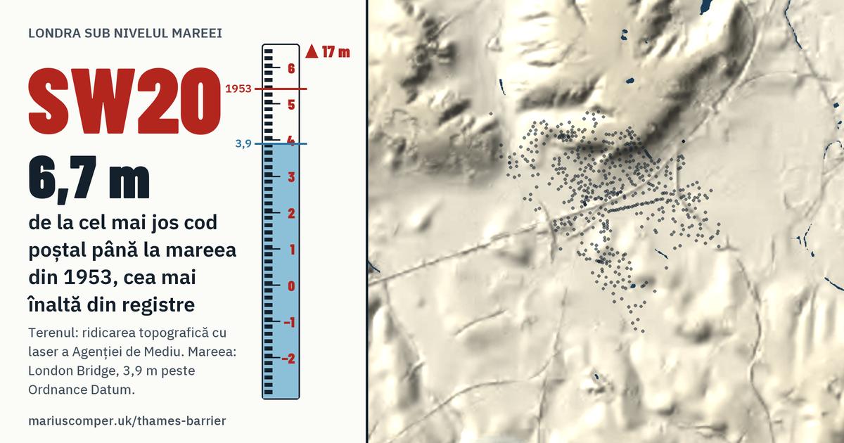 SW20 pe relieful Londrei, cu o miră de maree: Cu 6,7 m peste mareea din 1953, cea mai înaltă din registre.