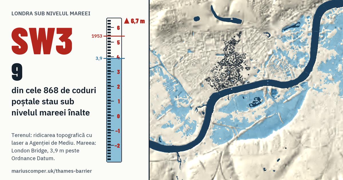SW3 pe relieful Londrei, cu o miră de maree: 9 din cele 868 de coduri poștale ale lui stau sub nivelul mareei înalte.
