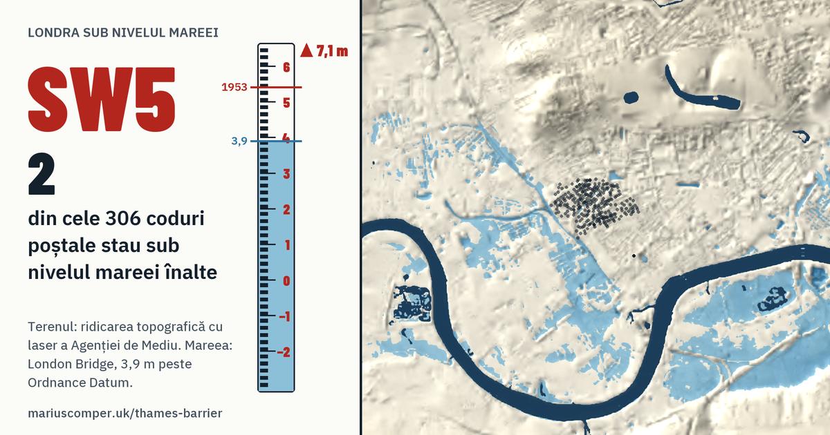 SW5 pe relieful Londrei, cu o miră de maree: 2 din cele 306 coduri poștale ale lui stau sub nivelul mareei înalte.