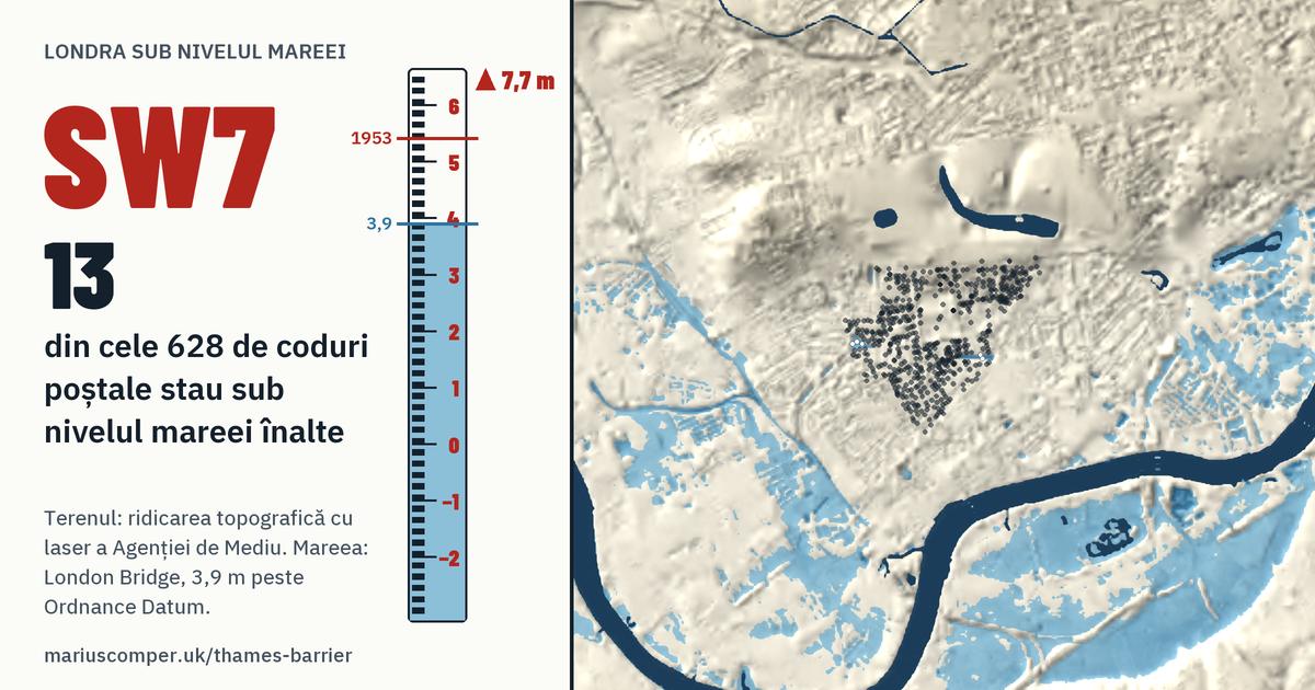SW7 pe relieful Londrei, cu o miră de maree: 13 din cele 628 de coduri poștale ale lui stau sub nivelul mareei înalte.