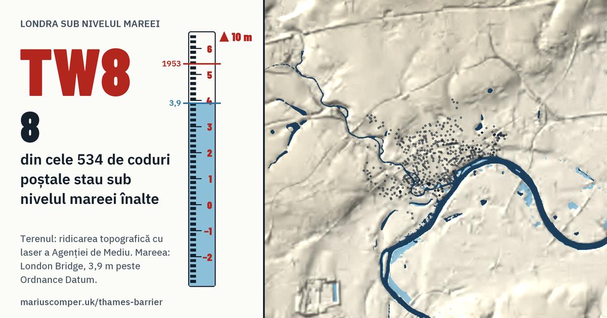 TW8 pe relieful Londrei, cu o miră de maree: 8 din cele 534 de coduri poștale ale lui stau sub nivelul mareei înalte.