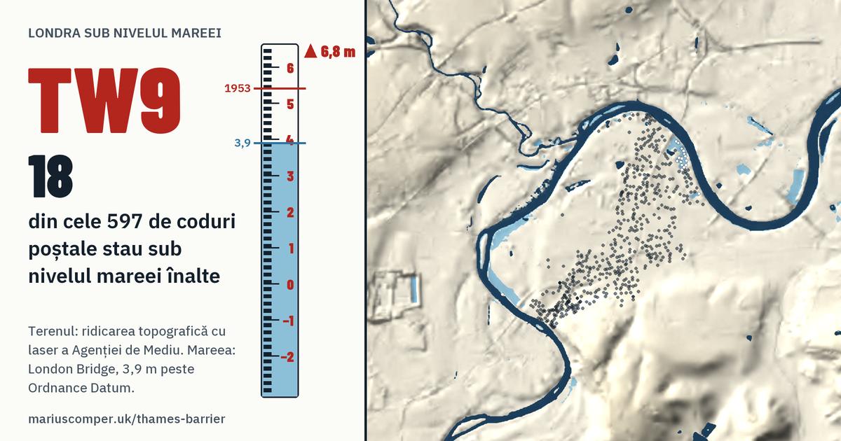 TW9 pe relieful Londrei, cu o miră de maree: 18 din cele 597 de coduri poștale ale lui stau sub nivelul mareei înalte.