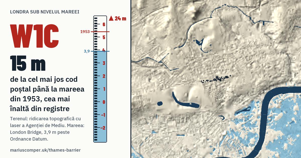 W1C pe relieful Londrei, cu o miră de maree: Cu 15 metri peste mareea din 1953, cea mai înaltă din registre.