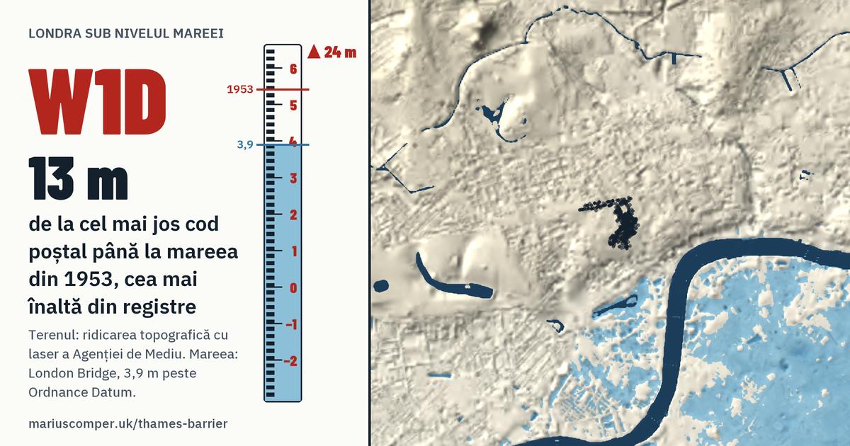 W1D pe relieful Londrei, cu o miră de maree: Cu 13 metri peste mareea din 1953, cea mai înaltă din registre.