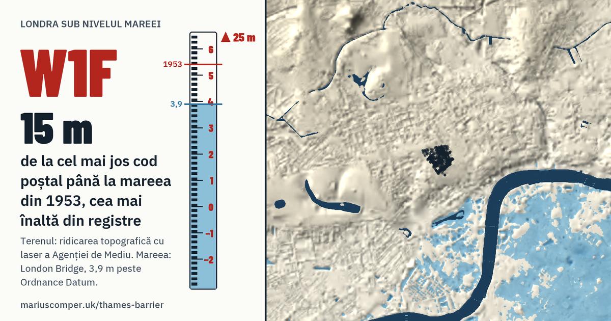 W1F pe relieful Londrei, cu o miră de maree: Cu 15 metri peste mareea din 1953, cea mai înaltă din registre.