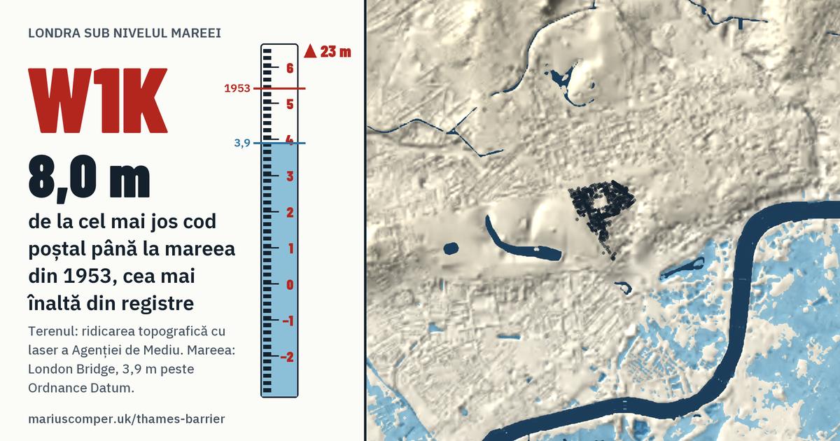 W1K pe relieful Londrei, cu o miră de maree: Cu 8,0 m peste mareea din 1953, cea mai înaltă din registre.