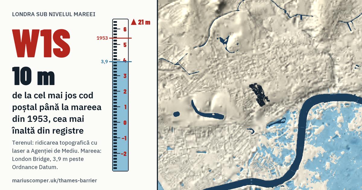 W1S pe relieful Londrei, cu o miră de maree: Cu 10 metri peste mareea din 1953, cea mai înaltă din registre.