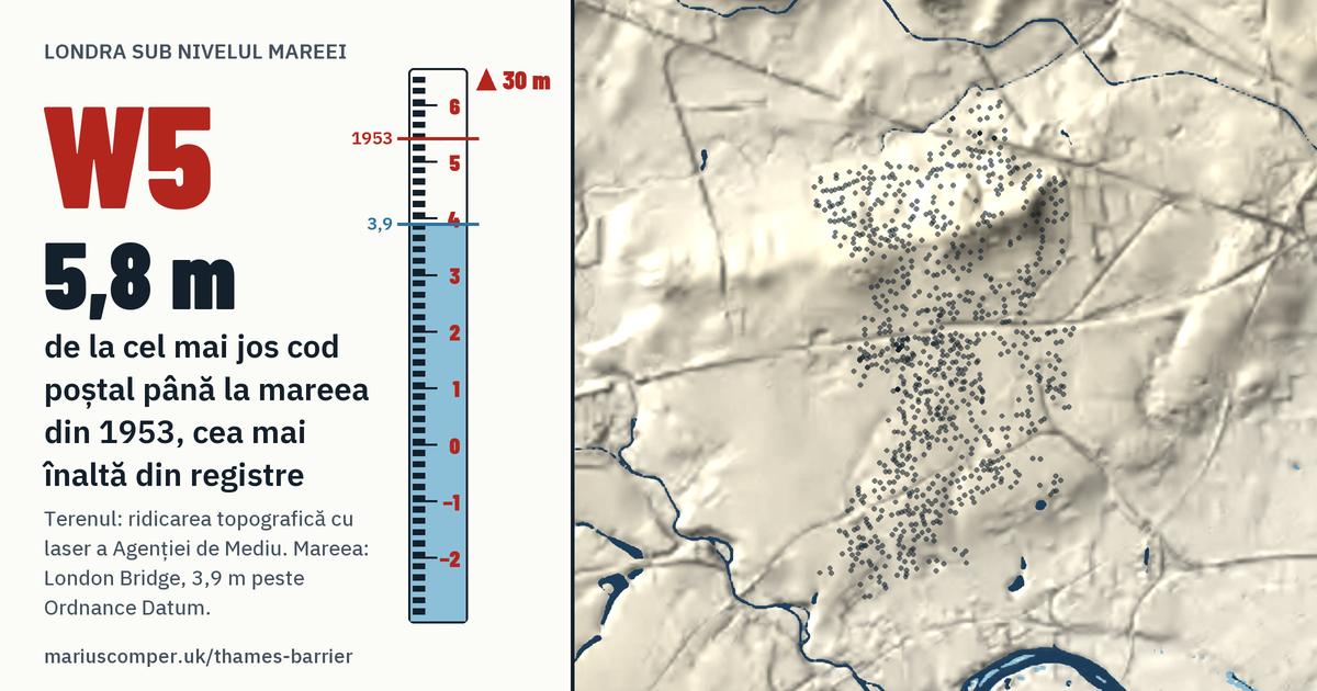 W5 pe relieful Londrei, cu o miră de maree: Cu 5,8 m peste mareea din 1953, cea mai înaltă din registre.