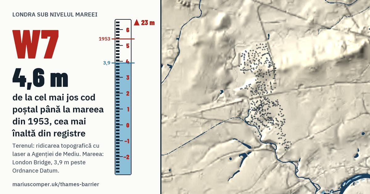 W7 pe relieful Londrei, cu o miră de maree: Cu 4,6 m peste mareea din 1953, cea mai înaltă din registre.