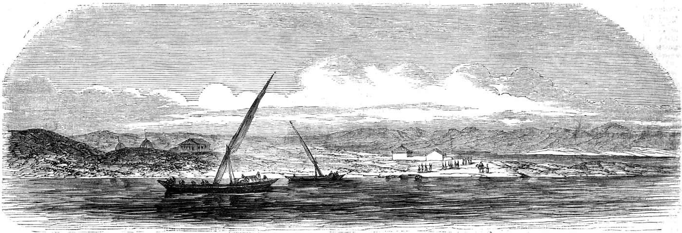 Engraving of the Danube at Cernavodă in 1854: two sailing boats on the river, a low shore with a few buildings and figures, and a long raised bank running inland.