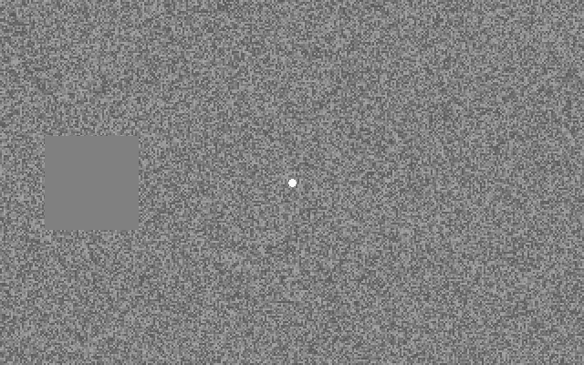 A grey square on static noise with a centre dot: a still preview of the staring panel