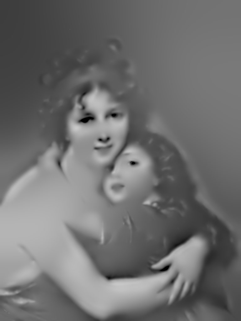 The painting as a newborn would see it: soft and almost grey, the dark hair the clearest thing in it
