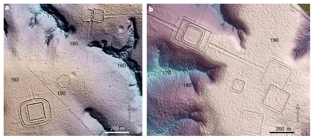 Two colored LiDAR hillshade views of Aquiry earthworks, with square and circular enclosures, roads, and topographic relief visible beneath the vegetation.