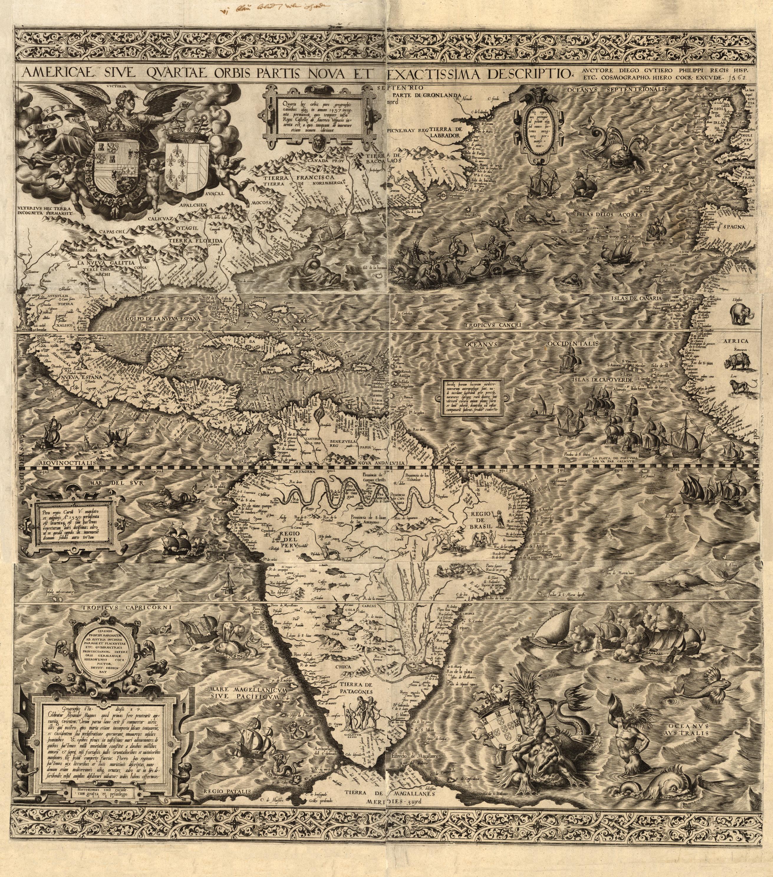 Detail from Diego Gutiérrez and Hieronymus Cock's 1562 engraved map of the Americas, with the Amazon River system drawn across the lower half of the image.