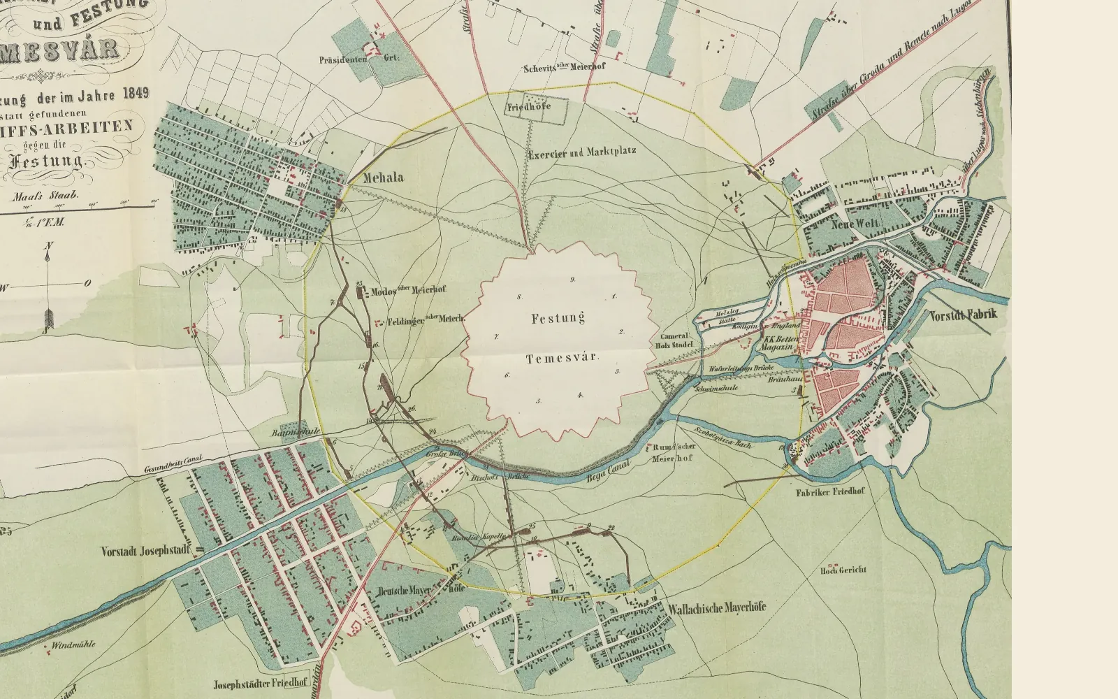 Planul Timișoarei din 1853, cu cetatea în mijloc, linia galbenă a Esplanadei și suburbiile.