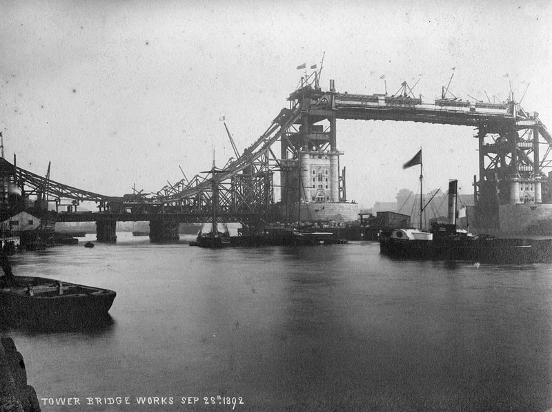 Tower Bridge works under construction, September 1892