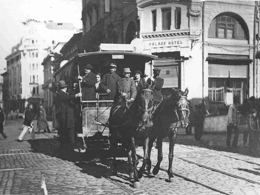 Period image: a horse tram in Bucharest, 1871