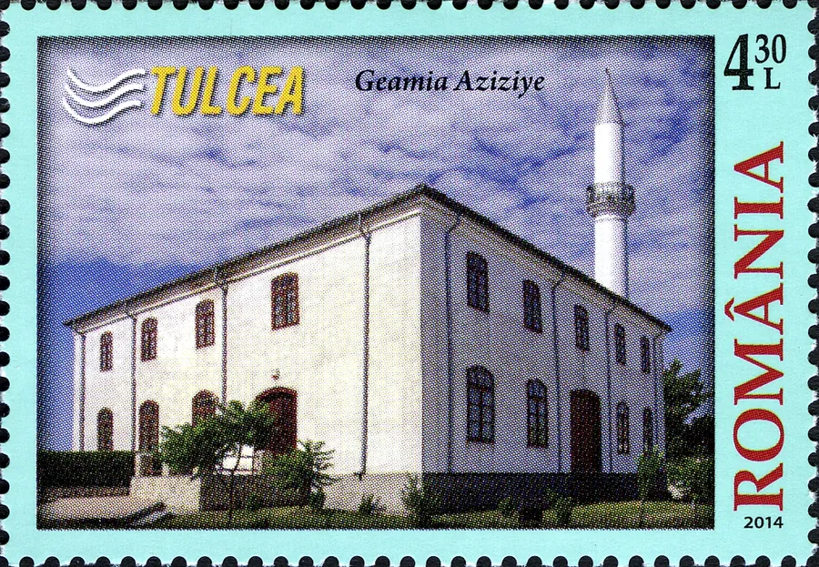Timbru din 2014 cu geamia Azizyie din Tulcea