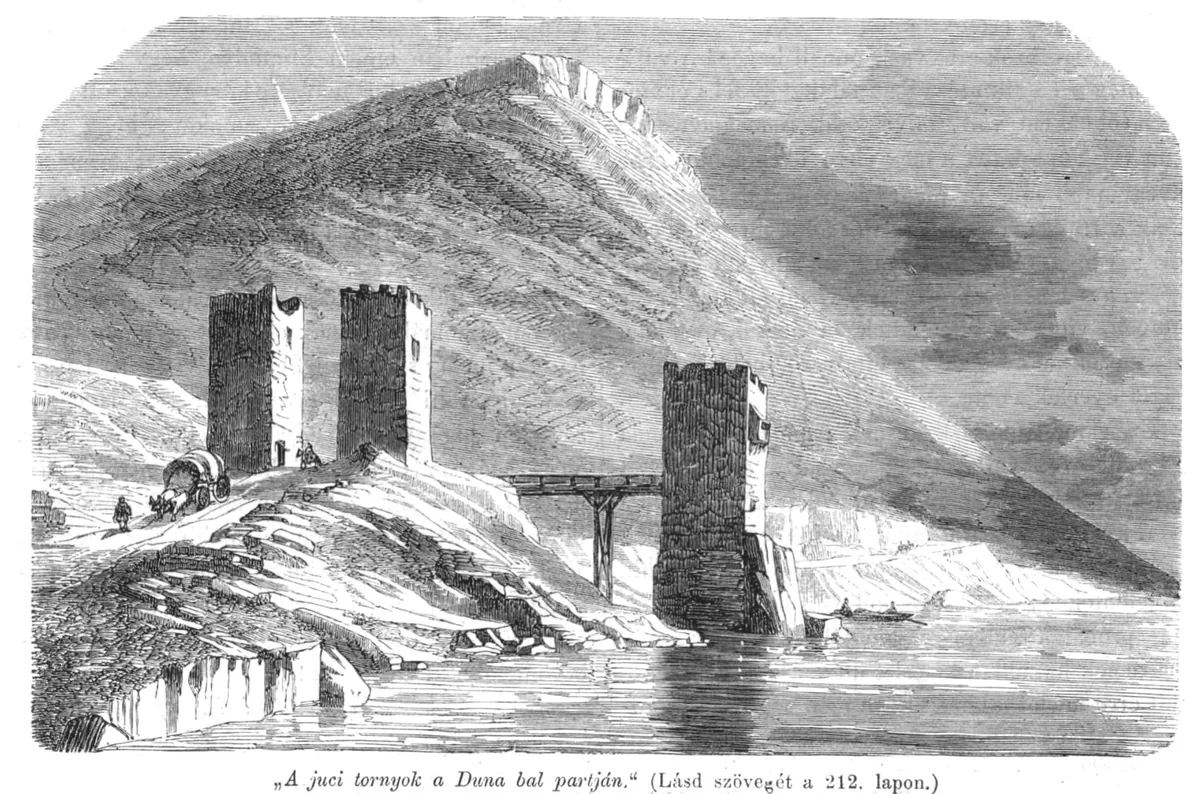 Gravură din 1865: trei turnuri de piatră pe un pinten de stâncă la malul Dunării