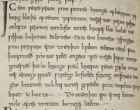 O ghicitoare din Cartea de la Exeter, scrisă spre sfârșitul secolului al X-lea. Volumul ține cam a șasea parte din toată poezia engleză veche păstrată.