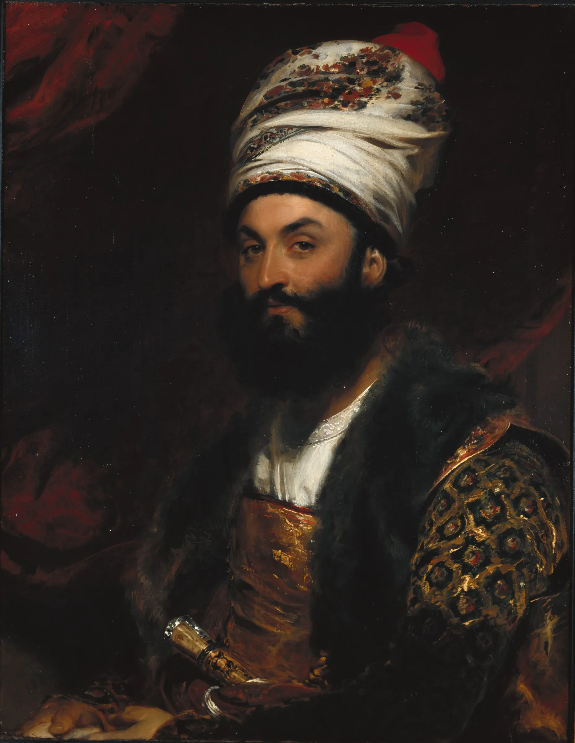 Mirza Abul Hassan Khan, portret în ulei, purtând turban alb cu pene și blană, cu o sabie la brâu.