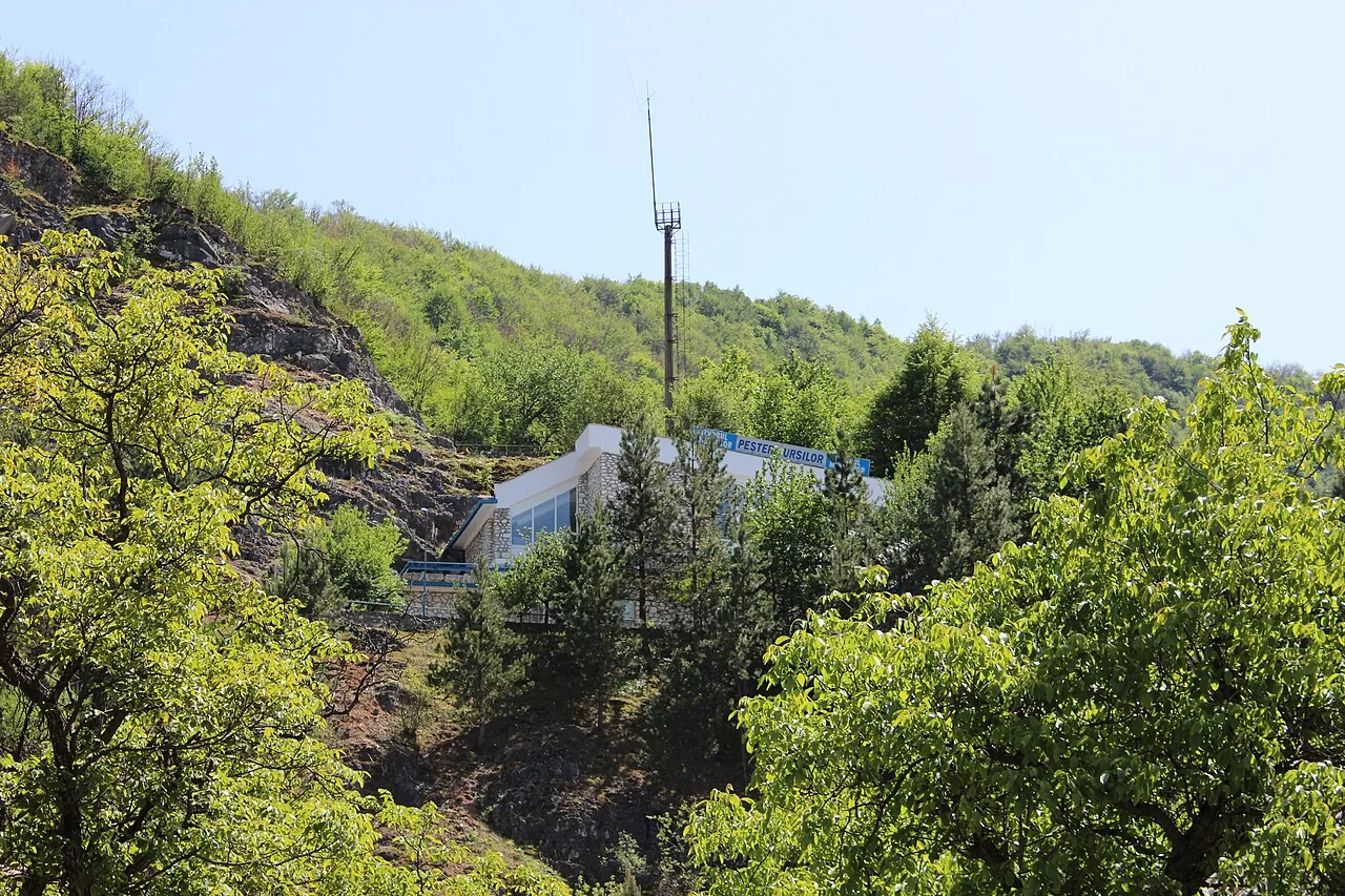 The white pavilion at the entrance to Bears' Cave, on the wooded hillside at Chișcău.