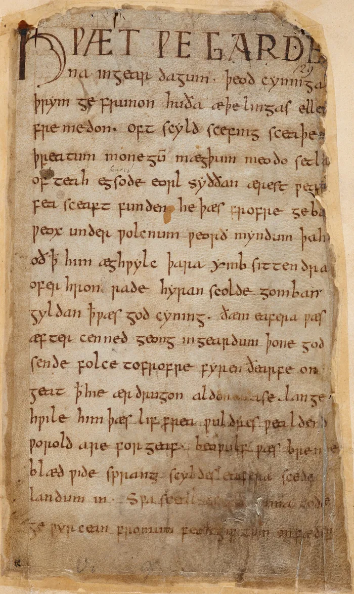 Primul folio din Beowulf, în engleza veche