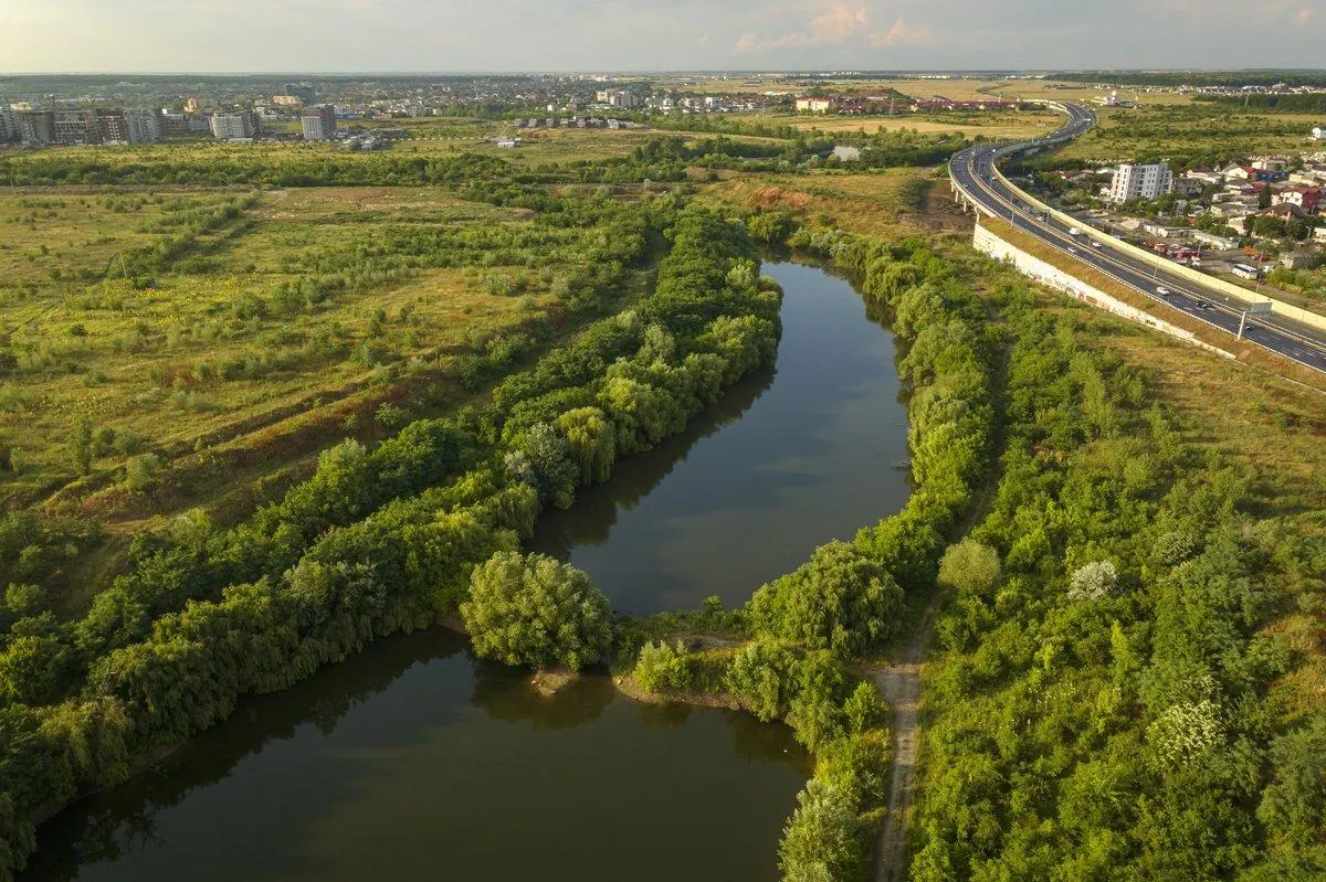 Aerial photograph: two narrow lakes between strips of willows, a scrubby field on the left and a motorway on the right.