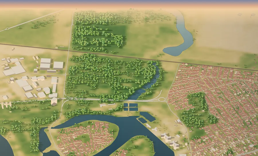 Perspective drawing of the 2.6 by 2.5 km area around Valea Saulei in north-east Bucharest, made from the satellite measurements of the chosen summer: lakes, trees, grass, buildings, the railway and the A3 motorway.