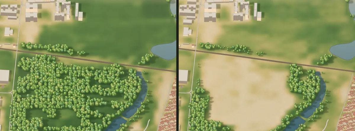 The same corner of Bucharest in the summer of 2014 and the summer of 2016: on the left, the nursery full of trees; on the right, the same field without them, and the willows on the ponds' banks still green.