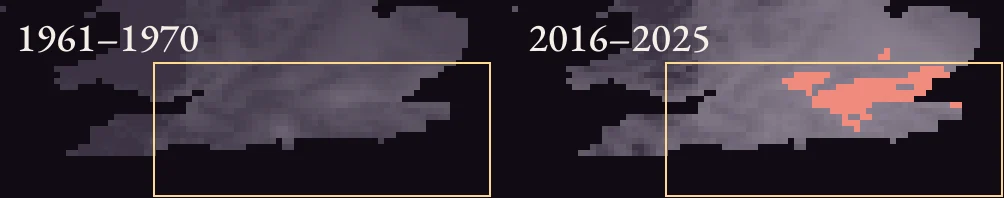 Two maps of southern England, 1961–1970 and 2016–2025: in the second, land mostly around London reaches an index of 1,500